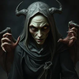 The demon witch, Lorissa Nightshade, appears—a gaunt, pale woman with hollowed out eyes and wearing tattered and torn robes. Grimdark realistic