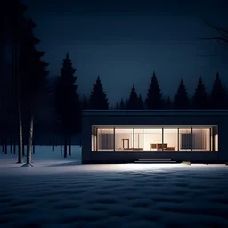 analog film style - small front elevation of a minimal house centered in a landscape at night lit by ambient twilight. The house is dimly cool lit from the inside, casting a soft glow on the fresh snow around it. The background features tall, icy trees shrouded in a gentle twilight, with subtle hints of snow falling silently. The scene is quiet and still, evoking a sense of liminal isolation in the midst of a cold winter's evening. the landscape in the forground is just a snowy plain