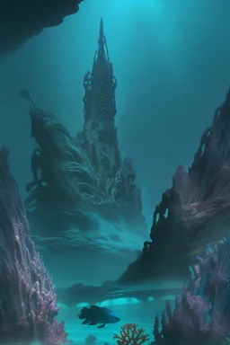 An underwater cityscape teeming with aquatic life and fantastical architecture that seems to defy gravity, with coral-covered buildings and glowing, bioluminescent streets. A diverse array of marine creatures swim through the scene, adding a sense of vibrant life and movement to the image. 16K resolution, rich, deep colors, and imaginative details.