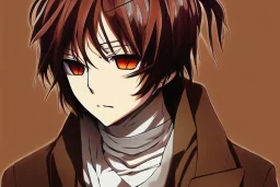 Detailed pretty anime boy, brown hair with blonde strips, keep head in frame, headshot, glaring, brown eyes, covered in bandages, looking serious, illustration, digital painting, only one character, color scheme red, wearing many bandages, Osamu Dazai inspired, anime inspired, manga, dazai, red hair, Chuuya, pretty, scruffy, angry, brooding, manga inspired, small nose, long lower eyelashes, handsome, widows peak, headshot, glaring, cute, wearing a bandage on neck, small nose, scruffy hair