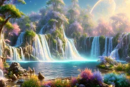  white and gold crystal cosmic background，waterfall, full of details, smooth, bright sunshine，soft light atmosphere, light effect，vaporwave colorful, concept art, smooth, extremely sharp detail, finely tuned detail, ultra high definition, 8 k, unreal engine 5, ultra sharp focus