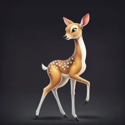 full body of a bald white tail deer, sultry, seductive, standing with a front leg lifted. with big smile, looking back, and big eyes looking back , tail upward, on flat background, in the style of 'My Little Pony' and Bambi, fantastic lighting