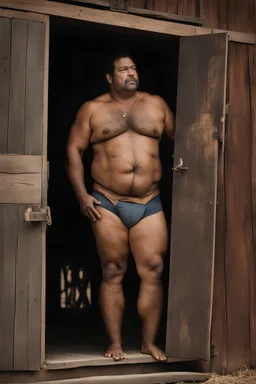 1970's close up photography of a burly overweight muscular brazilian farmer 44 years old, sweat, short curly hair, short beard, manly chest, tattoo, hand on the fap, shirtless with dirty shorts, on the door of a large barn, under the sun