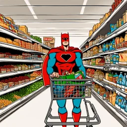 A superhero with a shopping cart is shopping in a supermarket.