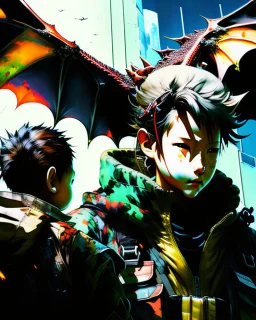 sketch-style painting high quality of a dragon art by Yoji Shinkawa and Valeria Burzo large bats in the background destroyed city budlings babies' in heaven