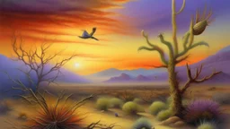 PINTURA DE CHOLLA CON COLIBRÍ → pastel seco → desierto de Sonora al atardecer → luminismo atmosférico → difuminado óptico → papel verjurado → diagonal aérea con ave suspendida → contraluz dorado → cálida incandescente → efímera y reverente → dorado, magenta, violeta sombra, verde seco → medio → medio → pulverulenta suave → 200mm congelado → momento suspendido