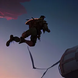 a soldier jumping off of an airship, over a battlefield at night