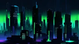 Digital painting of a minimalist and digital city with a dark background, colors are black, light blue and light green, and purple.
