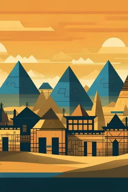 create a ilustrasion town of small Egyptian houses with silhouettes of pyramids behind them in a similar art style and color palette