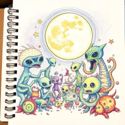 rich color pencil hand doodle sketch on a spiral binder notebook page, psychedelic alien beasties under a full moon, in the style of Don Hertzfeldt and Jon Carling, incredible busy doodle world