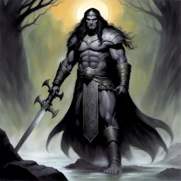 (art by Robert E. Howard) Khosatral Khel, the ancient from the Abyss, the god of Dagonia. It was dim and misty in the chamber, a head and a pair of gigantic shoulders grow out of the twilight gloom. He is clad in sandals, a skirt and a broad shagreen girdle. His square-cut mane is confined by a circlet of gold. With monstrous shoulders, the breadth of the swelling breast, the bands and ridges and clusters of muscles on torso and limbs. The face was without weakness and without mercy. The eyes we