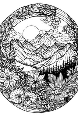 circle with moutains and flowers idea, line art, background, vector, svg, black outline on white background, leave plenty of white space beetween lines for coloring, tattoo style, tattoo idea,full body, minimalist