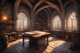 fantasy medieval study room with a desk