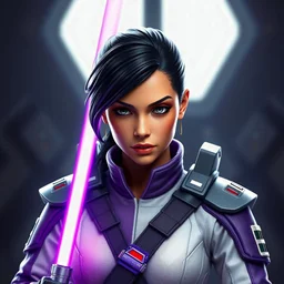 star wars female race pilot with tan with tan skin, dark grey eyes, black hair, wearing purple and white flightsuit with an utility belt, and shoulders pauldrons, hyperdetailed, dynamic lighting, background, 8k resolution, volumetric lighting, fully symmetric details, she hold a purple single-bladed lightsaber, full view of the character.