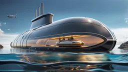 An stunning modern futuristic glass and metal submarine in the ocean, with a large body of water surrounding it. The submarine bottom positioned in the center of the frame, providing a unique perspective on this streamlined high-techstructure underwater, high detalied, shapr focus, sci-fi mood