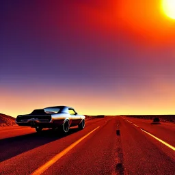 muscle car, desert road, sunset, full colour