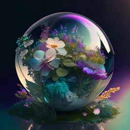 iridescent modern and mechanic globe full of flowers and nature