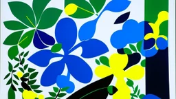 An exquisite minimalist illustration by Matisse featuring a serene garden adorned with simple, geometric shapes of flowers. Electric green and yellow leaves and petals contrast against a light background, while bold blue outlines define the shapes. The cutout style creates a harmonious balance of color and form.