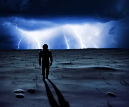 A man walking on the moon during a thunderstorm