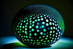 beautiful composition, black spheres with holes, woven of thin black wire, the entire surface of the sphere is filled with symmetrically arranged round holes, from the inside of the sphere a bioluminescent blue-green (sometimes blue, sometimes green) light is emitted, projecting coloured round spots onto the whole background and the whole horizontal base where the sphere is placed. S<AI