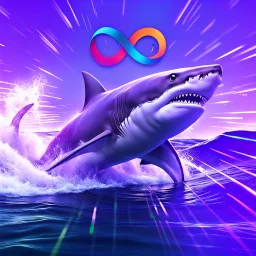 infinity symbol ∞ with vibrant powerful shark jumping out of the sea, with a strong wave flowing behind, striking, chiaroscuro, dramatic, captivating, powerful, fantasy, beautiful, octane render, 16k post-production, artstation: award-winning: atmospheric: commanding: fantastical: clarity: ultra quality: striking: brilliance: stunning colors: amazing depth; lens: f/11, 35mm