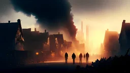 /imagine prompt: realistic, personality: ,[opening shot showcases a panoramic view of a city engulfed in flames. Smoke billows into the darkened sky, creating an atmosphere of chaos and despair. The camera slowly zooms in on a group of young men, their faces filled with determination and courage as they stand amidst the destruction. The flickering flames illuminate their expressions, reflecting their unwavering resolve to bring light back to their homeland.] unreal engine, hyper real --q 2 -