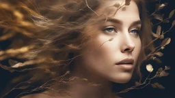 collage Portrait of a WOMAN made of magical objects, Loose hair continues in the form of branches, Double exposure, Nature, Gold and silver luminescent, fluffiness, Wind, multi-layered, Glow, Glare, Warm shades, Airiness, blending, textured, 3D, 8K, best quality, fine rendering, high detail, hyperrealism, high resolution, high definition, multi-layered, highest focus, hyper sharpness, hyperfocus,