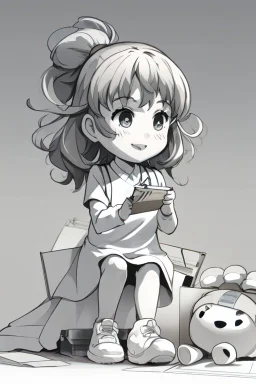 little girl playing with a toy very happy , Colloring page for todlliers ; basic hawali style cartoon , black and white , ink outlines , , smooth , anime style , minimalist , cute eyes , full body , white shose , sketchbook , realistic sketch , free lines , on paper , character sheet , clean line art high detailed