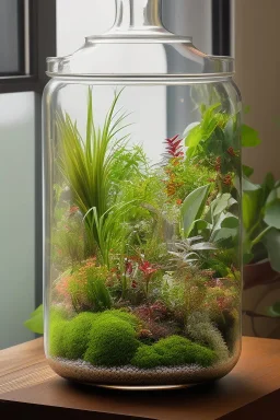 a glass jar terrarium filled with plants, highly detailed, digital art, sharp focus, trending on art station, illustration, concept art