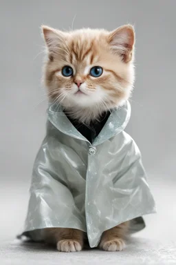 baby cat in raincoat. Chibi, Photograph, Canon DSLR, Tilt - shift, white background, high definition, Complete and coordinated composition, 8k