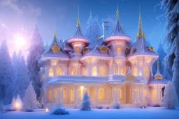 a magical crystal snow pink gold house palace in the woods, blue lake,sun,white swanns,pink vertical, blue lake,sharp, vines, candlelit, endor, ornate, elegant, highly detailed, artstation, concept art, smooth, sharp focus, illustration, 8k, splash art, wallpaper, key visual