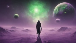 matrix universe, space, planets, god creation walking on light purple, green