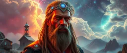 portrait of inter-galatic handsome power broker , the first nation, witchcraft, cyberpunk village, sci-fi, strange chrome vessels, volume light from stars through clouds, goa trance poster