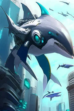 a picture of cyber shark that is flying in the city, cyborg whale, anno 2070, modern mecha anime, aeromorph, stunning sci-fi concept art, male robotic anthro orca, robotic anthro dolphin, cgsociety ), mecha anthropomorphic penguin, from arknights, cool mecha style, futuristic art style, mecha art