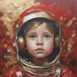 Tableau rouge, peinture au couteau, feuilles d'or, visage d'enfant, astronaute