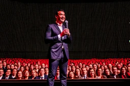 The photograph is of a speaker standing on stage in front of a large audience. The speaker appears confident and excited to speak in front of the audience. The speaker is shown dressed in formal attire and holding a microphone.