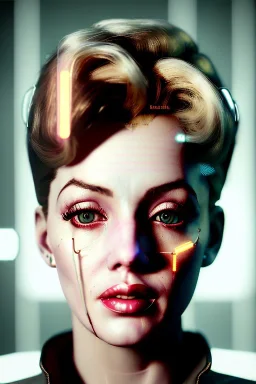 Ultra Realistic image, portrait, blonde woman, sweet Marylin Monroe face, perfect iris, glow eyes, gold makeup, wires attached to head. Cyberpunk style, latex coat, fog, rain, soft color, highly detailed, unreal engine 5, ray tracing, RTX, lumen lighting, ultra detail, volumetric lighting, 3d, finely drawn, high definition, high resolution.