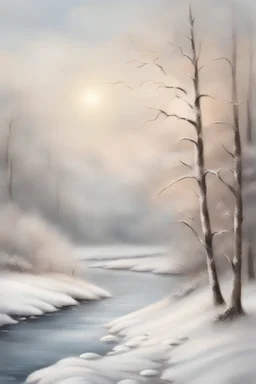 realistic winter scene, fine art, winter time, snow scene in background, river running through, lovely faded background