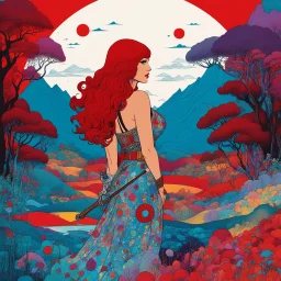 (Art by Brion Gysin) envision Red Sonja with a surreal and avant-garde touch. Red Sonja portrayed in a dreamlike landscape, surrounded by kaleidoscopic colors and abstract shapes. Red Sonja in a mesmerizing and unconventional interpretation as experimental and boundary-pushing nature, blending elements of fantasy with a touch of the surreal.