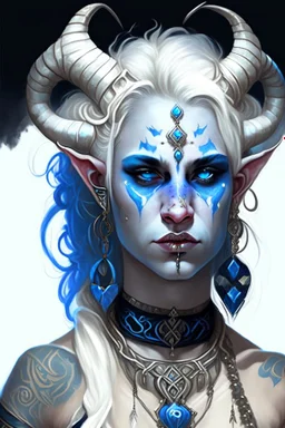 A young tiefling woman with a set of ram horns on her head encrusted with jewels, White-Blonde, medium length hair, black eyes, dressed in white and blue with lots of jewelry, beautiful, tattoos on her neck