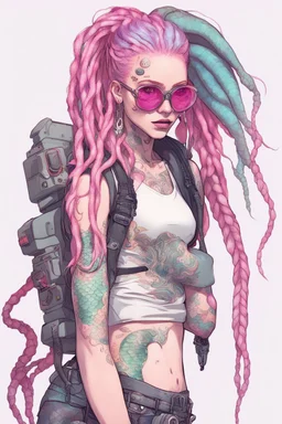 entire body mermaid cyberpunk some fish scales on face pink hair dreadlock sunglasses