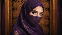 A woman with striking golden-brown eyes, which are partially concealed by a dark purple headscarf. Her shyly looking into the camera. The combination of her lace headscarf, beautiful eyes and the fine lace of her face veil creates an intriguing and visually appealing scene, highly detailed, high contrast, perfect lights, masterpiece