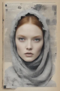 Model lily cole face, a scarf , collage on a book page