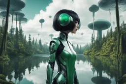 A skinny woman with a black bob hairstyle, in a green and silver robotic suit, standing, looking out over a lake, in an alien forest, with tall narrow cloud trees, with flying dandelion heads with octopus tentacles