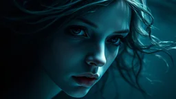 portrait pale skin shadow eyes, void, pain, hyper-realistic detail, floats in deep sea, Dark sea tendrils in her hair, and around, abyss, shadows, fog, Style crepy stunning, dark, surreal vibe underwater and meticulous detail clean pale skin and face. dark shadow and weird mood