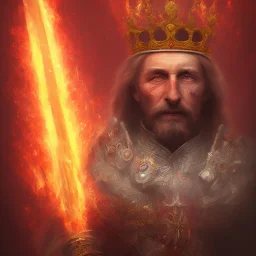 a king with a crown on fire fading into oblivion ,red accents, digital painting.