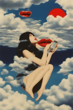 sexy girl,cloud in blue sky, a red lip, collage art, shuji terayama, dreamy objects, surreal, criterion collection, showa era, intricate details, mirror