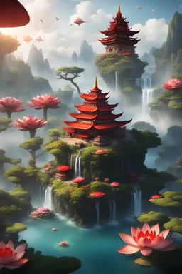 A floating island with water falls and many lotus trees with a pagoda in the middle of the island and a big red dragon that is protecting the island flying in the skye