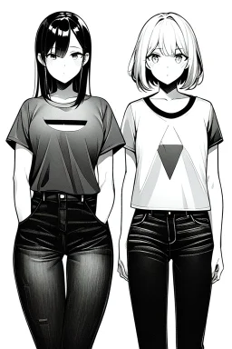 two girls dressed in jeans and a T-shirt walk in the city, line arts, greyscale