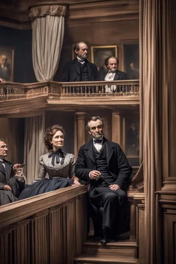 llustrate the presidential box on the balcony level, portraying Abraham Lincoln, his wife, and their guests as they enjoy the play. Highlight the vulnerability of Lincoln without proper security, setting the stage for the impending tragedy